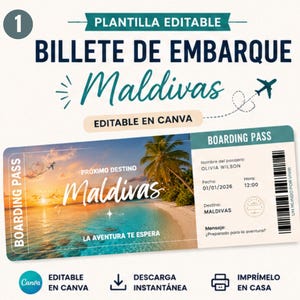Puede incluir: Una plantilla editable de tarjeta de embarque para un viaje a las Maldivas. El diseño muestra una playa tropical al atardecer, un código de barras y campos para nombre, fecha, hora y destino. Incluye el texto 'PLANTILLA EDITABLE', 'Maldivas' y 'BOARDING PASS'.