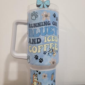Blue Dog cartoon character with FREE Straw Topper, 40 oz tumbler with metal straw. gift for her, ice coffee cup, birthday gift for friend