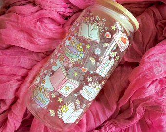Book Pastel Floral Glass Cup – 20oz Iced Coffee Tumbler with Cozy Accents – Cute Aesthetic Cup with Lid and Straw - Book Lover Gift