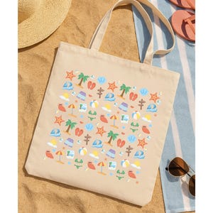 Beach Tote Bag with Summer Icons – Coastal Canvas Bag with Flip Flops, Shells, and Palm Trees – Cute Vacation Tote for Beach Days & Travel
