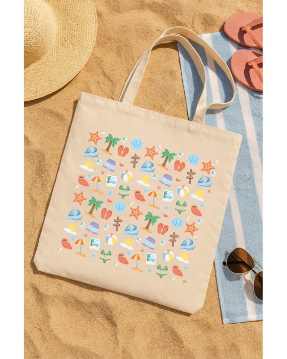 Borsa da spiaggia con icone estive – Borsa in tela con infradito