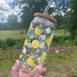 Lemon Floral Glass Tumbler Cup, 20 ounce oz, Iced Coffee Glassware, Fruit Design, Gifts for Her