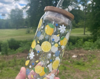Lemon Floral Glass Tumbler Cup, 20 ounce oz, Iced Coffee Glassware, Fruit Design, Gifts for Her