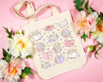 Pastel Book Lover Tote Bag – Cute Floral Canvas Tote with Books & Stars – Aesthetic Reuseable Bag for Readers and Cozy Girlies