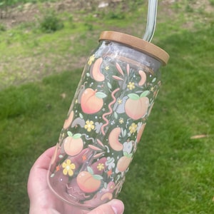Peach Floral Glass Tumbler Cup, 20 ounce oz, Iced Coffee Glassware, Fruit Design, Gifts for Her