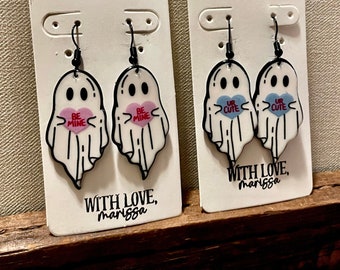Cute Ghost Holding Sweetheart Candy Earrings, Valentine&#39;s Day Jewelry, Ghost Lover Gift, Be Mine Earrings, Unique Ghost Jewelry