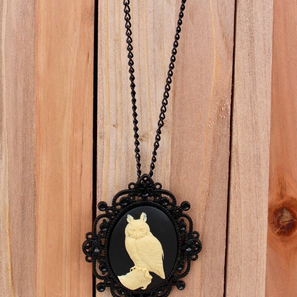 Great Horned Owl Black Victorian Cameo Necklace