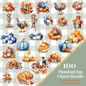 100 Thanksgiving Clipart Bundle, Turkey Clipart, Cute Turkey, Feast, Forest Clipart, Watercolor Forest, Blue Pumpkin, Thankful, Fall PNG