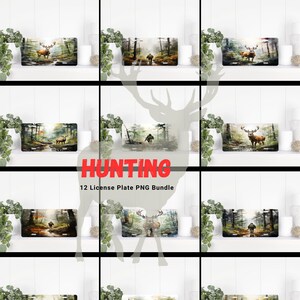 Könnte beinhalten: Ein Set mit 12 digitalen Nummernschild-Designs mit Aquarell-Illustrationen von Hirschen in einer Waldlandschaft. Die Designs sind perfekt für Jäger oder alle, die die Natur lieben. Der Text "HUNTING" und "12 License Plate PNG Bundle" ist auf dem Bild zu sehen.