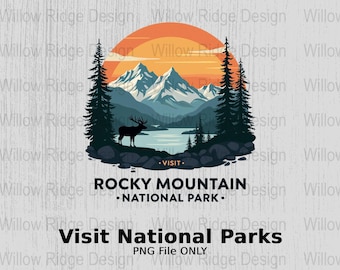 May include: A digital illustration of a mountain range with a sunset in the background. The mountains are snow-capped and there is a lake in the foreground. A silhouette of an elk is standing in the lake. The text "Visit Rocky Mountain National Park" is written below the image.
