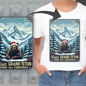 Visita il Grand Teton Park per Natale PNG, arte murale dei parchi nazionali di Natale, poster vintage dell'orso delle feste, download immediato, sublimazione