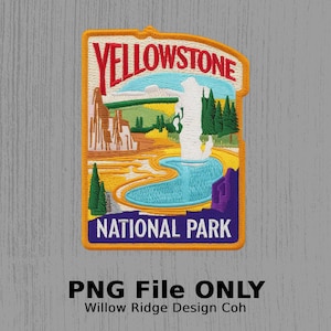 Op de afbeelding: Geborduurde Yellowstone National Park patch met een kleurrijke illustratie van een geiser en het omliggende landschap. De patch is geel met een paarse rand en de tekst "Yellowstone National Park" in rood.