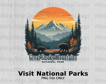 May include: A digital illustration of a sunset over a mountain range with two bears in the foreground. The text "Great Smoky Mountains National Park" is below the image. The text "Visit National Parks PNG File ONLY" is below the park name.