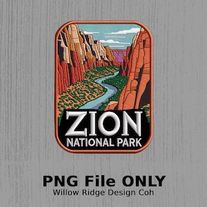 Puede incluir: Un parche bordado rojo, blanco y azul con una vista panorámica de un cañón y un río. El texto "ZION NATIONAL PARK" está impreso en blanco sobre un fondo negro.