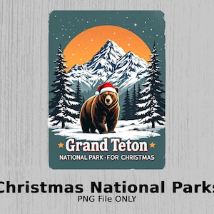 Grand Teton Christmas National Park digitale PNG, Bär mit Weihnachtsmütze Winter Wonderland Art, Instant Download, Sublimation