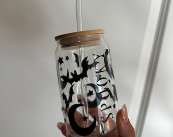 Spooky Halloween Glass Tumbler with Lid and Straw