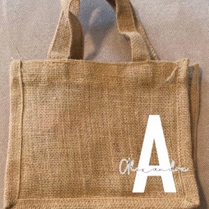 Small burlap jute gift bag, custom wedidng, birthday, bachelorette party tote