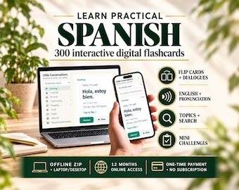 May include: A digital learning product titled Learn Practical Spanish with 300 interactive digital flashcards. The display shows a laptop and a smartphone screen with the text Hola, estoy bien, alongside icons for flip cards, pronunciation, search, and mini challenges.
