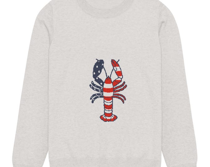 Featured listing image: Lobster Sweater Coastal Style East Coast Summer New England Lobster Gift Red White and Blue American Flag Patriotic Fourth of July