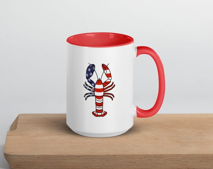 Featured listing image: Lobster Mug – Red White & Blue Coastal Coffee Cup | Nautical New England Gift