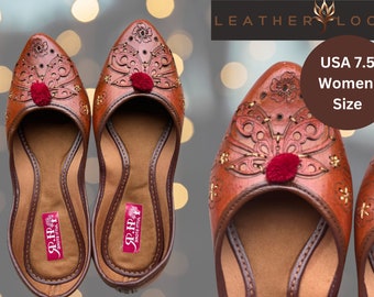 Indian Embroidery Genuine Leather Khussa Jutti women Flats for Wedding Festive Beads Sandal Mojari |  Luxury Sandal. Punjabi Jutti in Tan