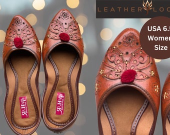 Indian Embroidery Genuine Leather Khussa Jutti women Flats for Wedding Festive Beads Sandal Mojari |  Luxury Sandal. Punjabi Jutti in Tan