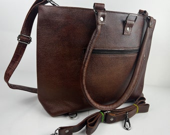 Dark Brown Leather Handbag | 100% Genuine Leather | Convertible Backpack | Long Hand Bag | Shoulder Bag | Big Hand Bag | Mother | Office Bag