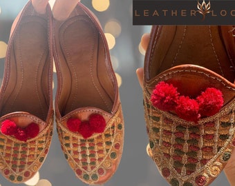 Indian Embroidery Genuine Leather Khussa Jutti women Flats for Wedding Festive Beads Sandal Mojari |  Luxury Sandal. Punjabi Jutti in Tan