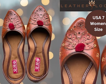 Indian Embroidery Genuine Leather Khussa Jutti women Flats for Wedding Festive Beads Sandal Mojari |  Luxury Sandal. Punjabi Jutti in Tan