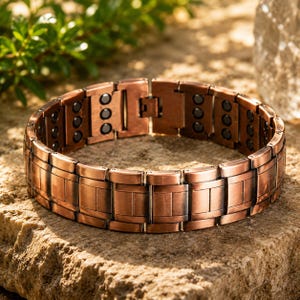 May include: A copper-toned link bracelet featuring a brushed metallic finish and a series of dark circular magnetic inserts embedded along the interior of each rectangular segment, secured with a matching metal fold-over clasp mechanism.