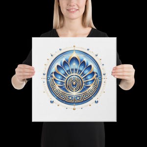 May include: A square canvas print featuring a circular design with a central blue and gold lotus-like flower motif. The artwork is surrounded by a geometric Greek key border, intricate golden lines, and small blue and gold spheres arranged in a circular pattern.