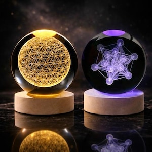 Flower of Life Crystal Orb LED – Metatron’s Cube Sacred Geometry Light, Energy Healing Sphere, EMF Protection Decor, Spiritual Gift