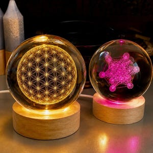 Quantum  Flower of Life & Metatron’s Cube Crystal Orb Lamp, Sacred Geometry LED Sphere, Meditation Gift, EMF Protection,Spiritual Home Decor