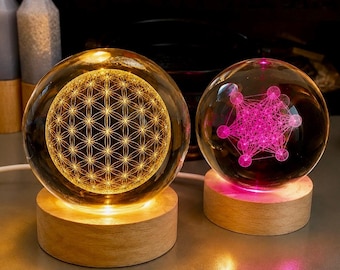 Quantum  Flower of Life & Metatron’s Cube Crystal Orb Lamp, Sacred Geometry LED Sphere, Meditation Gift, EMF Protection,Spiritual Home Decor