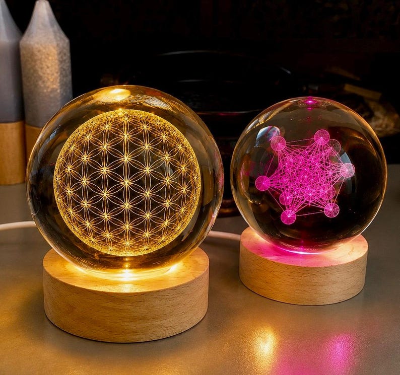 Quantum Flower of Life & Metatron’s Cube Crystal Orb Lamp, Sacred Geometry LED Sphere, Meditation Gift, EMF Protection,Spiritual Home Decor image 1