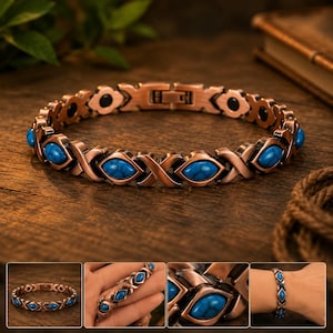 Könnte beinhalten: Ein kupferfarbenes Metallarmband mit einem abwechselnden Muster aus X-förmigen Gliedern und ovalen blauen Steinen mit dunkler Maserung. Das Armband verfügt über einen sicheren Verschluss und kreisförmige schwarze Akzente im Metall.