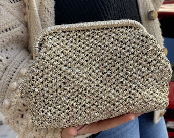 Crochet Metallic Raffia Clutch Bag, Gold Woven Shiny Yarn Evening Pouch Bag, Spring Luxury Handbag, Bridal Wedding Purse, Friend Gifts