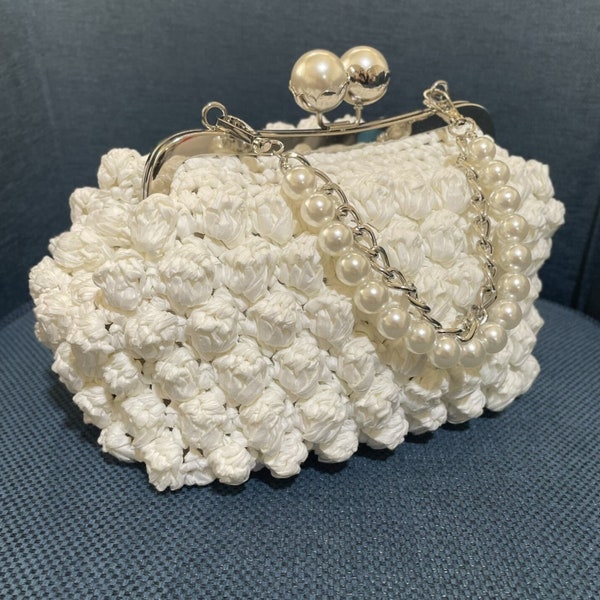 Crochet Romashka White Fluffy Clutch Bag, Handmade Knit Bubble Wedding Bag, Claps Frame Bride Popcorn Bag With Pearl Strap, Mothers Day Gift
