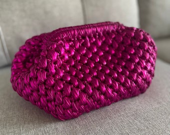 Pink Dumpling Handmade Metallic Leather Clutch Bag, Evening Knitted Clutch Bag, Wedding Pouch Clutch Bag,Knit Clutch Bag, Mother’s Day Gift