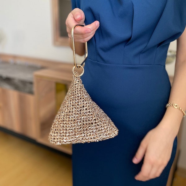 Handmade Metallic Gold Night Bag, Pyramid Crochet Bag in Metallic Gold, Luxury Women's Triangle Clutch, Luxury Mother’s Day Gift