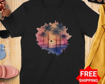 T-shirt ambiance plage palmiers coucher de soleil, art coucher de soleil sur une île tropicale, coucher de soleil palmier coloré, chemise coucher de soleil de plage d'été