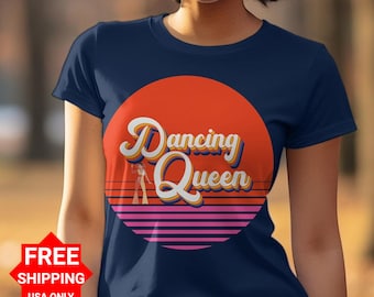 Retro Dancing Queen T-shirt, Vintage Disco-stil Grafisk T-shirt, Djärva Solnedgångsfärger, 70-talsmodetopp, 80-tals Rolig Maskeradfesttröja