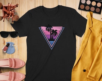 Retro Palm Trees Sunset T-Shirt, 80s Aesthetic Tropical Tee, Vintage Beach Vibes Shirt, Summer Graphic Tee, Unisex Casual Shirt