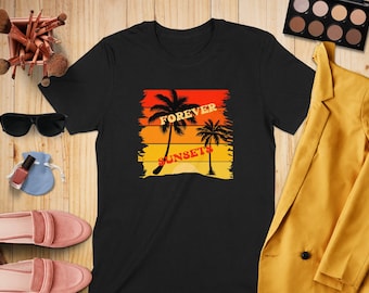 Koszulka Retro Sunset, koszulka Vintage Palm Trees, koszulka Forever Sunsets, koszulka z grafiką Summer Vibes, swobodny top plażowy