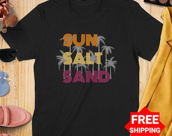Sun Salt Sand Graphic T-Shirt, Summer Vacation Tee, Beach Lover Shirt, Retro Style Top, Palm Tree Design, Casual Wear