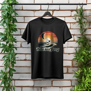 Kitesurfing Vintage Sunset Kitesurfer Graphic T-Shirt, gift idea for watersport lovers, kiteboarding surf culture.