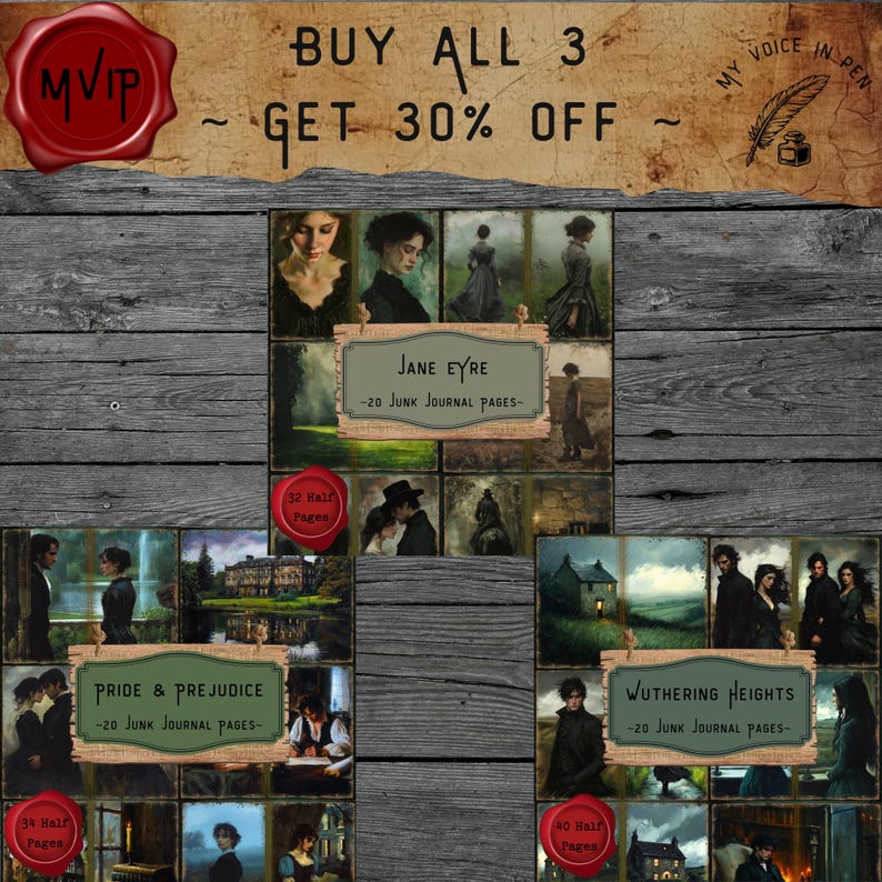 Wuthering Heights Junk Journal Pages, English Gothic Romance Novel Scrapbooking Kit, Emily Bronte, Dark Academia Victorian Digital Printable image 8