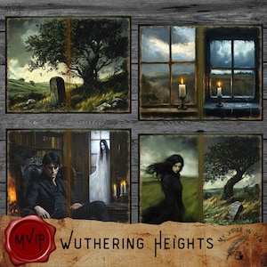 May include: A set of four vintage-style book covers featuring illustrations from the novel Wuthering Heights. The covers depict a stormy landscape, a candlelit window, a ghostly figure, and a woman standing in a field.