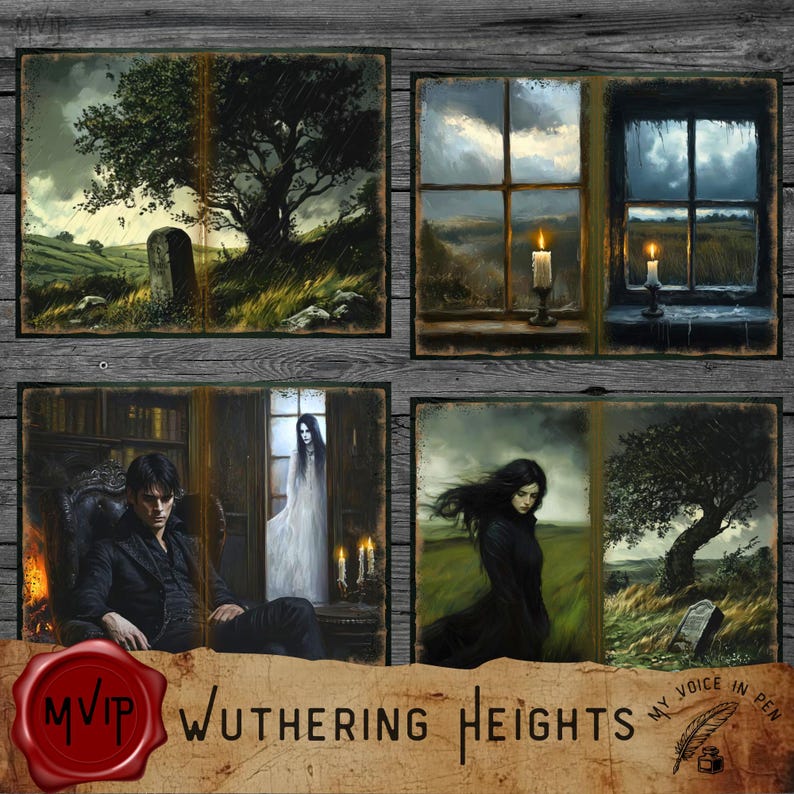 May include: A set of four vintage-style book covers featuring illustrations from the novel Wuthering Heights. The covers depict a stormy landscape, a candlelit window, a ghostly figure, and a woman standing in a field.