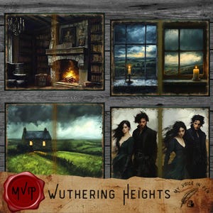 May include: A set of four illustrated cards featuring scenes from the novel Wuthering Heights. The cards depict a fireplace in a library, a window with a view of a stormy landscape, a cottage in a field, and two couples standing in a field.